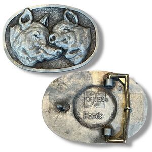 Vintage Cenex Feeds Belt Buckle – 1969 – Pewter Alloy – Raised Pig Design